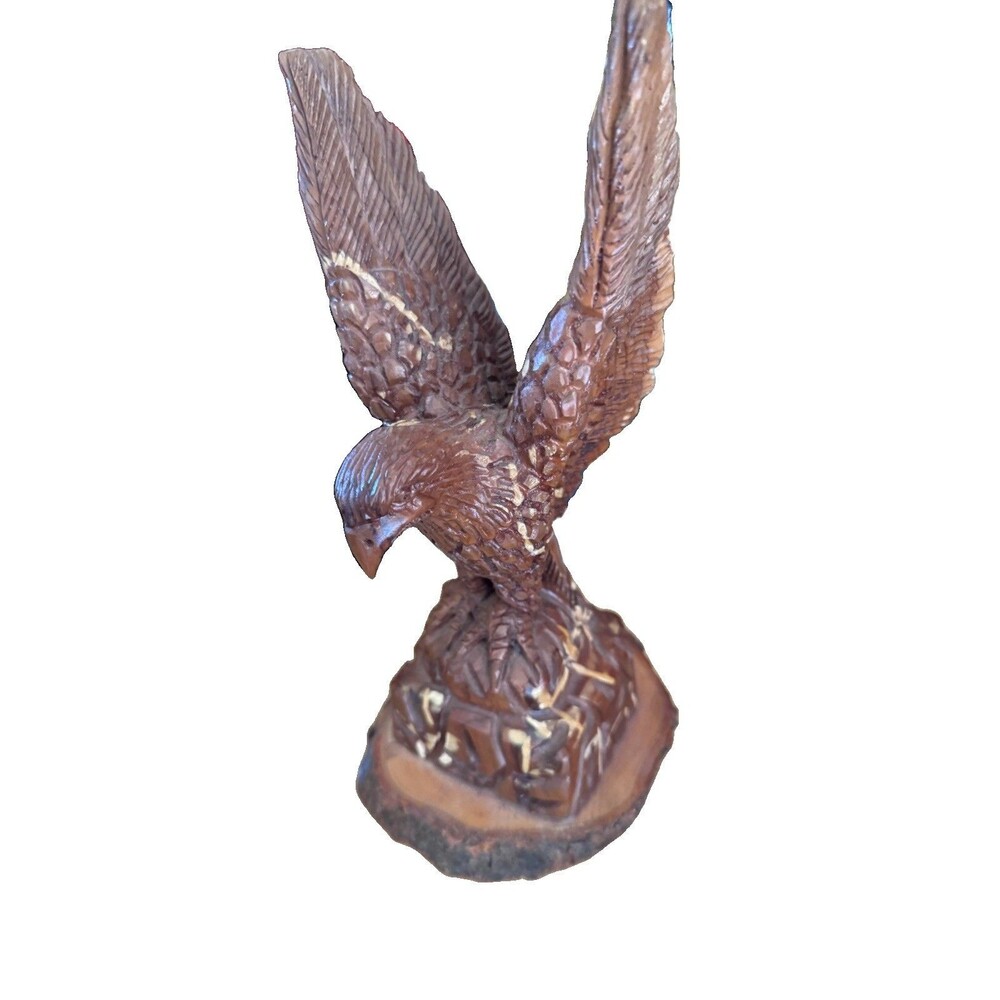 Vintage Hand Carved Wood Eagle Figurine Spread Wings Log Base Folk Art Statue
